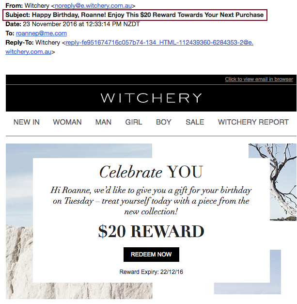 Witchery Personalized Subject Line Example with a celebration card on the screen