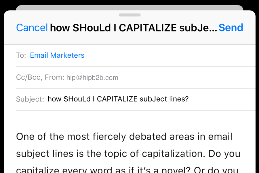 Capital letters in subject lines examples in an email template on a phone