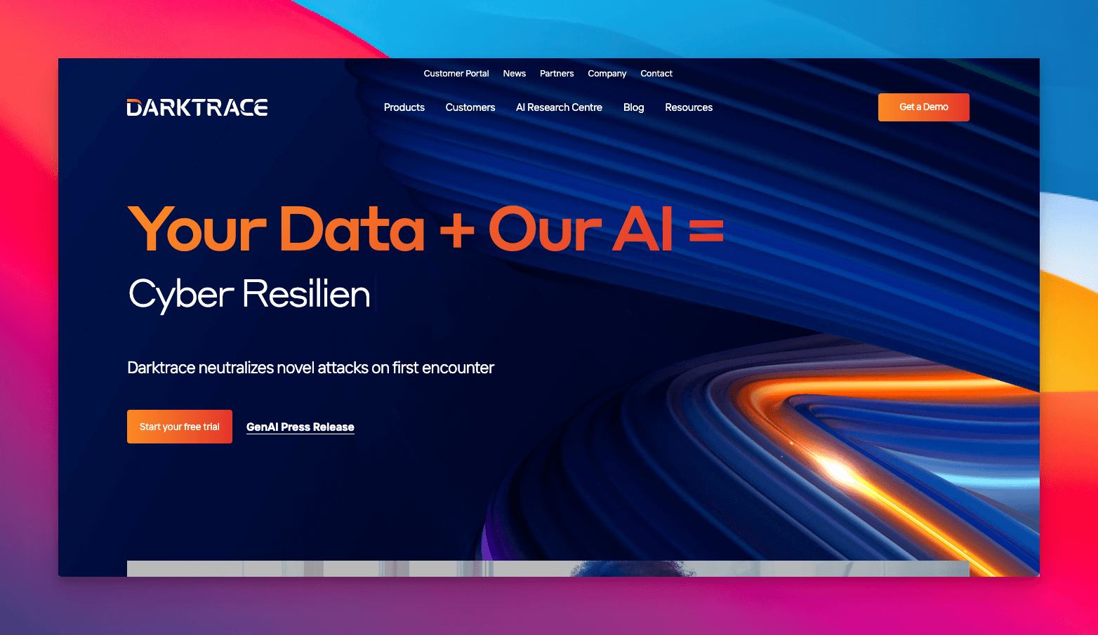 darktrace ai application homepage