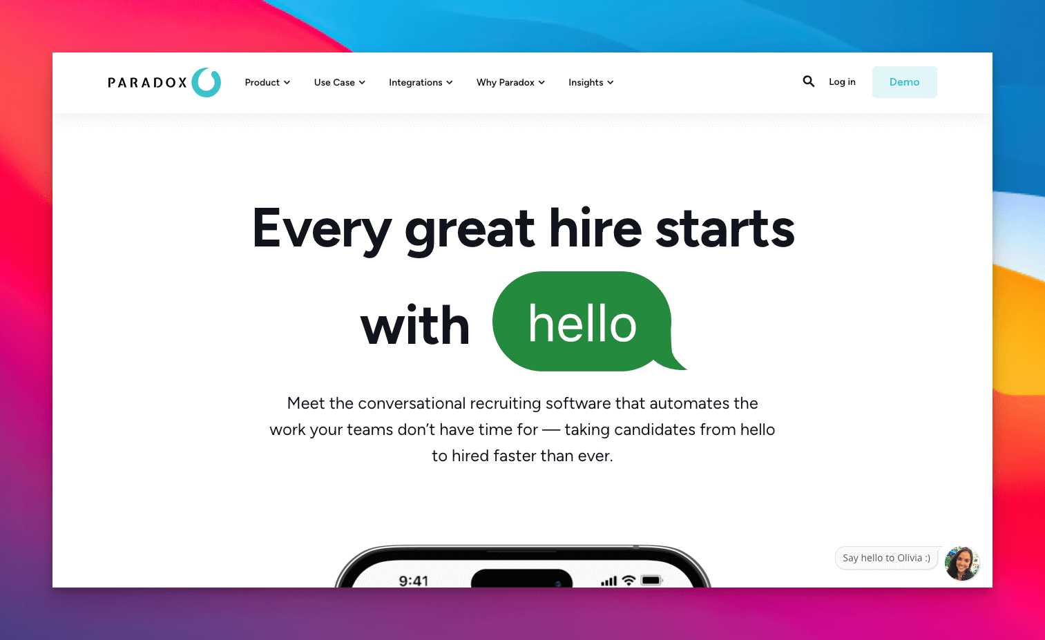 olivia by paradox ai application homepage