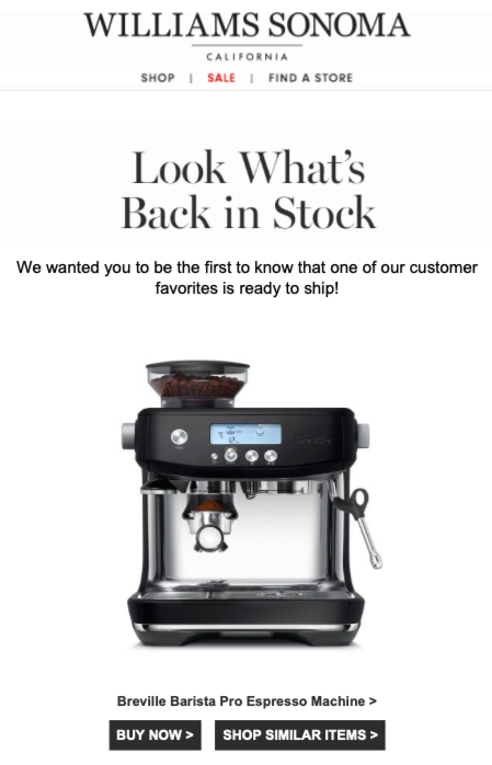 williams sonoma's back in stock email