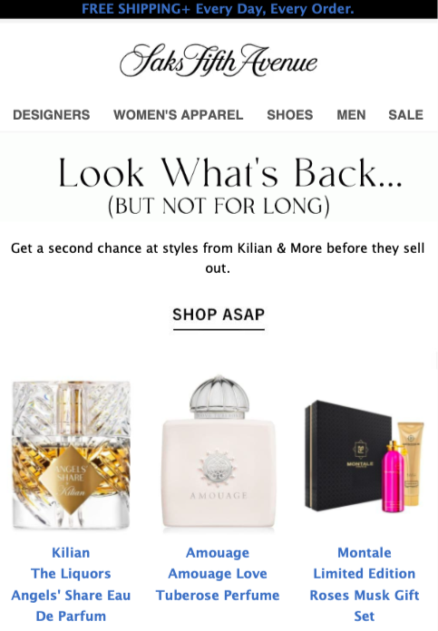 Saks Fifth Avenue's back in stock email