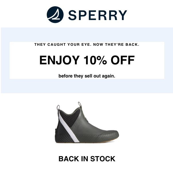 sperry's back in stock email