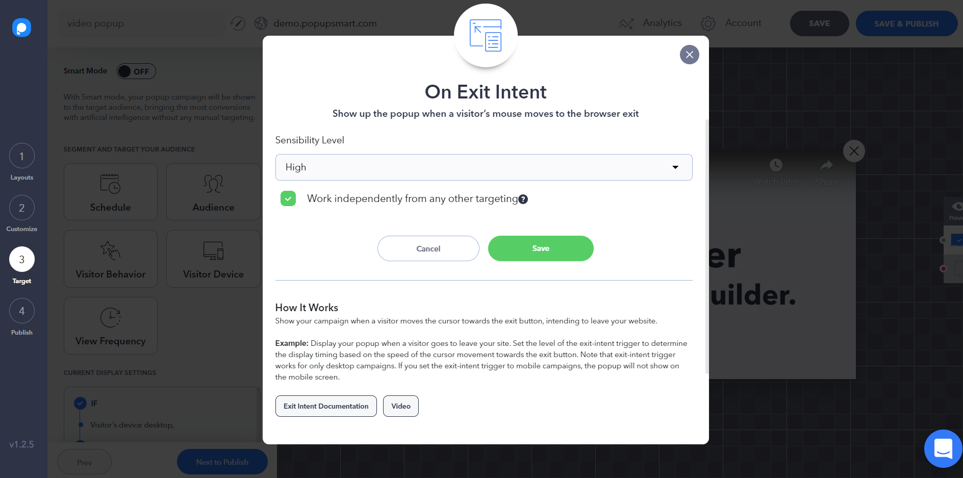 Popupsmart popup builder, exit intent trigger