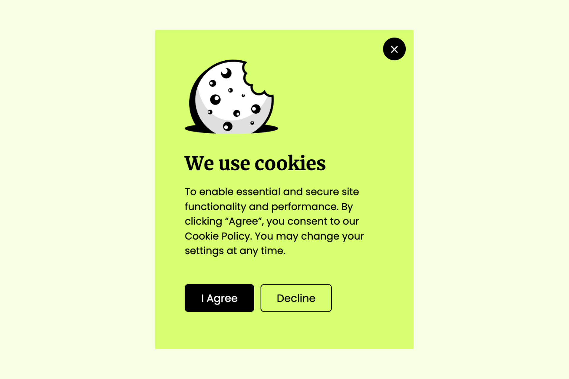 cookie consent popup example that says "We use cookies" with a cookie illustration