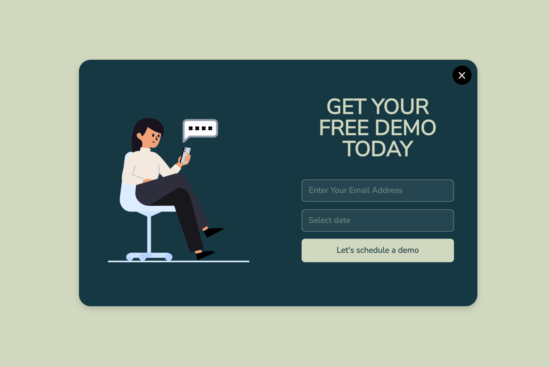 demo request popup example that says "Get your free demo today" and an illustration of a woman checking phone