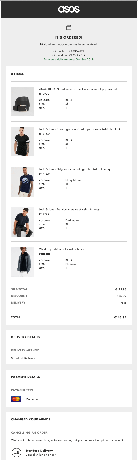 Asos order confirmation email example