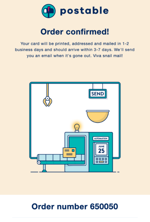 Postable email confirming an order