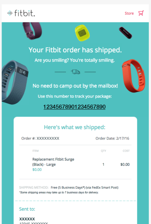 Order confirmation email example of Fitbit which is a consumer electronics and fitness company