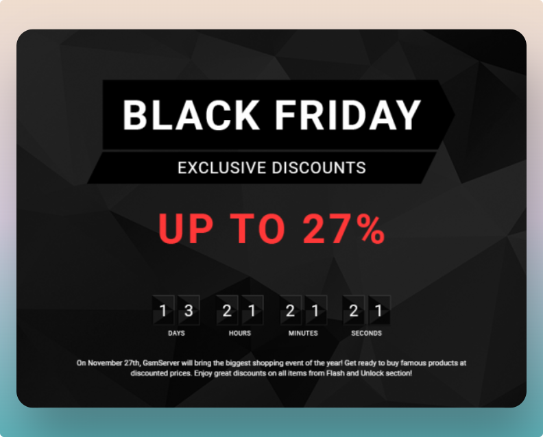 a Customized landing page on Black Friday showing a countdown and exclusive discount