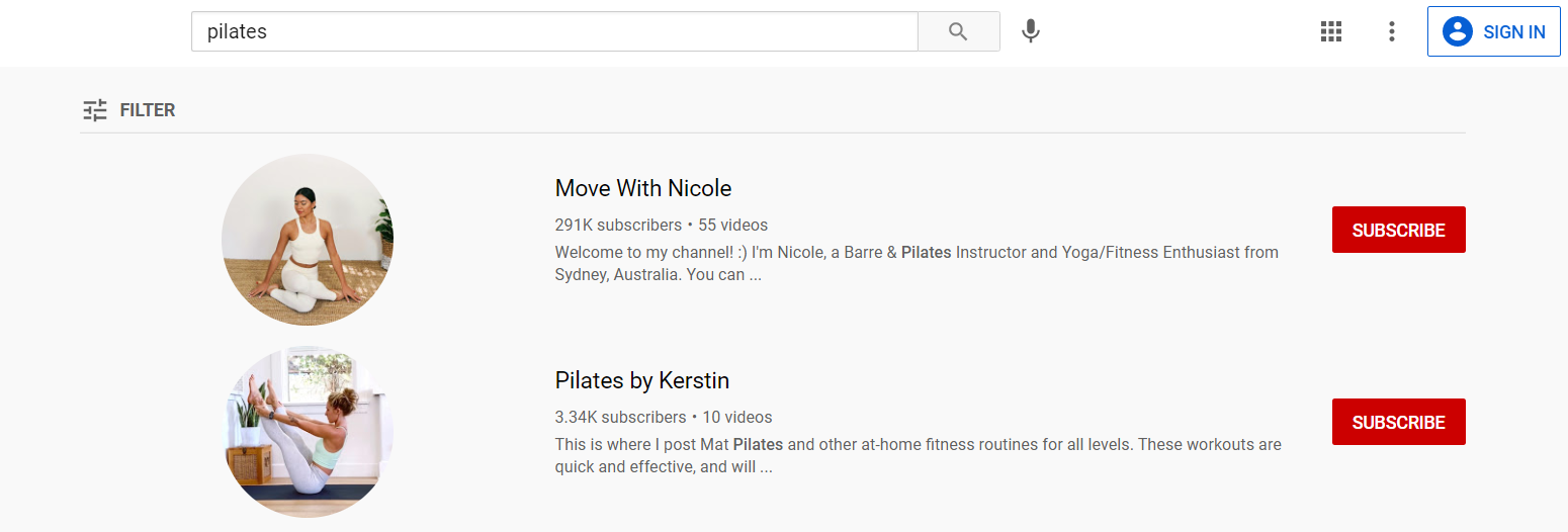 YouTube search results for pilates