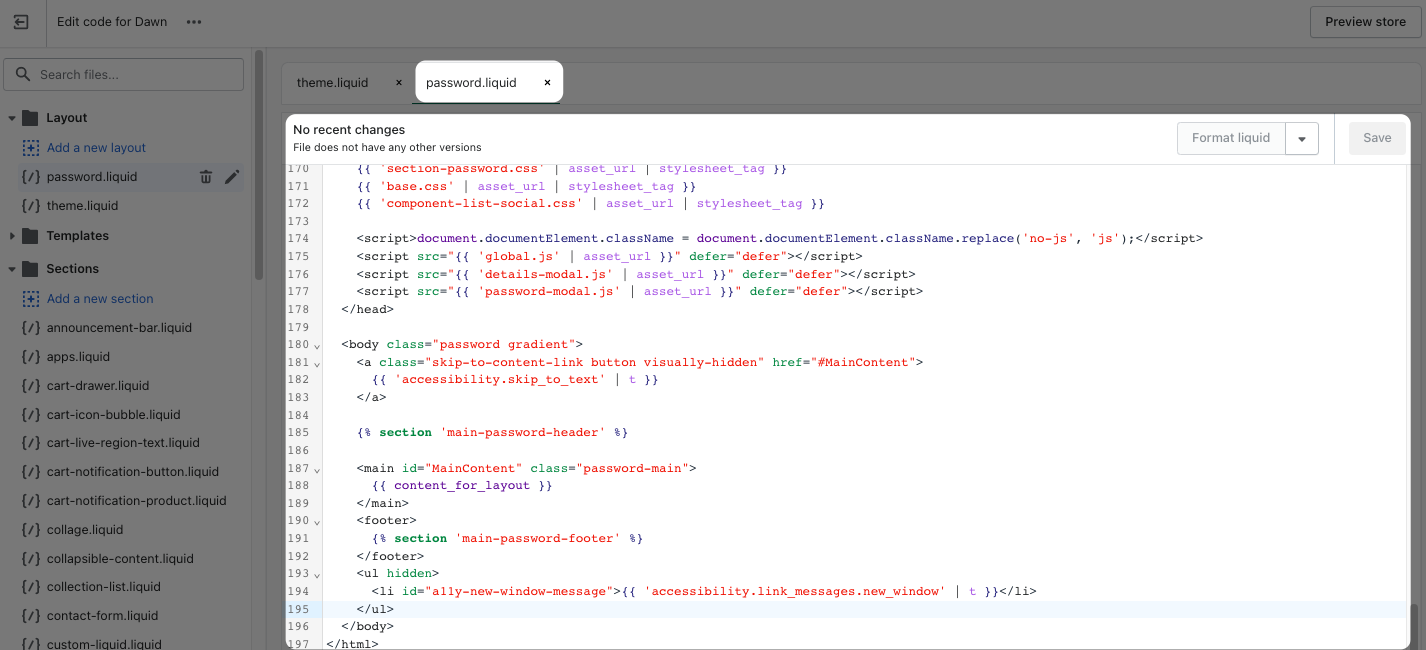 a screenshot of editing password.liquid section on Shopify