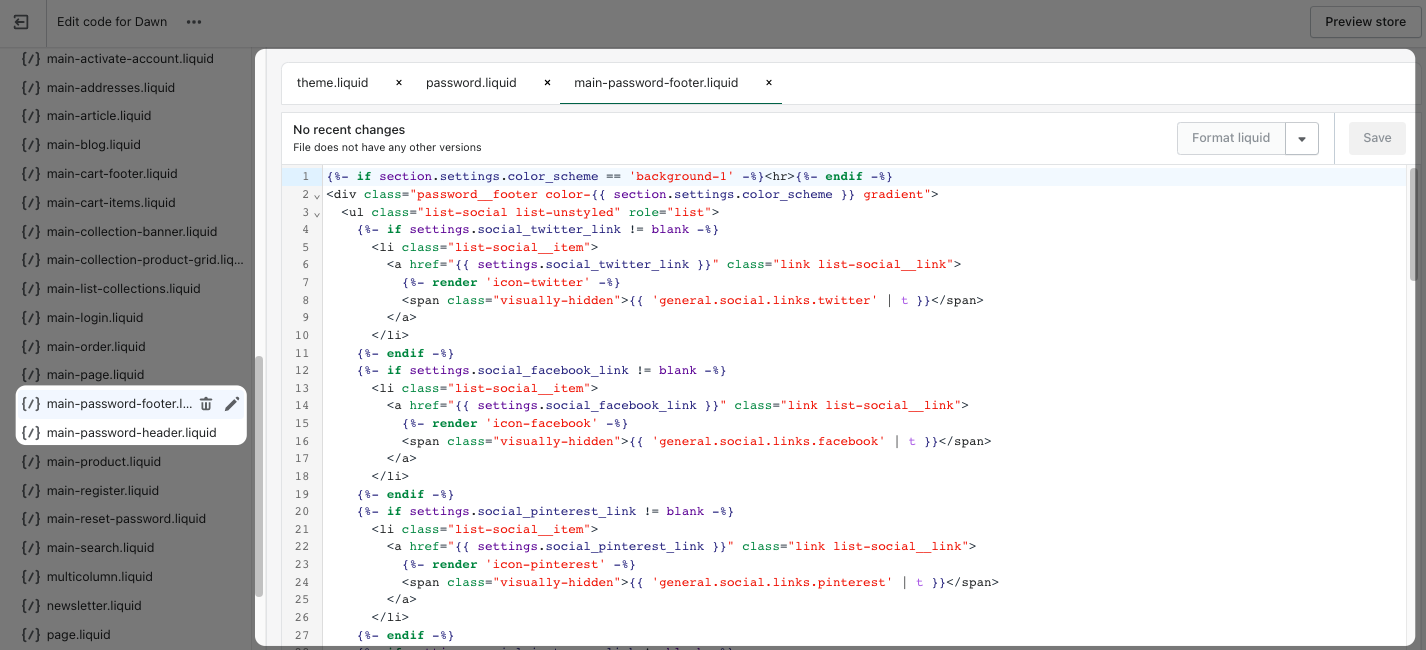 a screenshot of editing password.liquid tags on Shopify