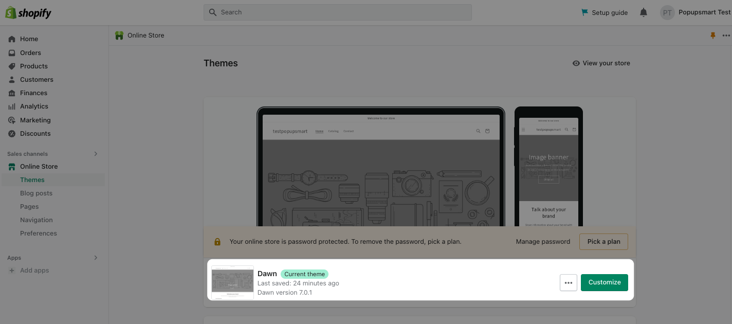 a screenshot of selecting a theme to customize on Shopify admin panel