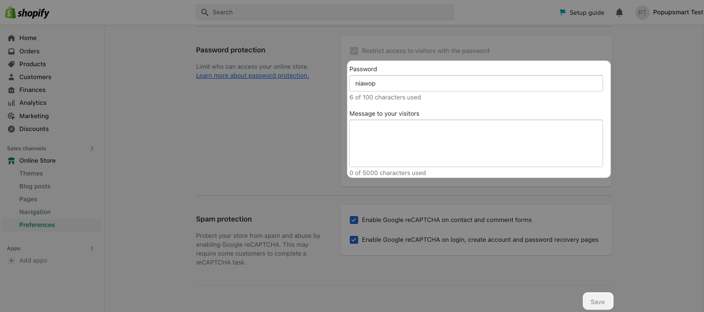 a screenshot of customizing password and message on password protection on Shopify admin panel