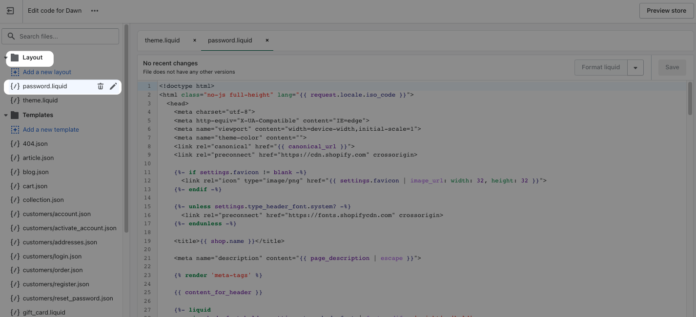 a screenshot of selecting password.liquid on Shopify theme code