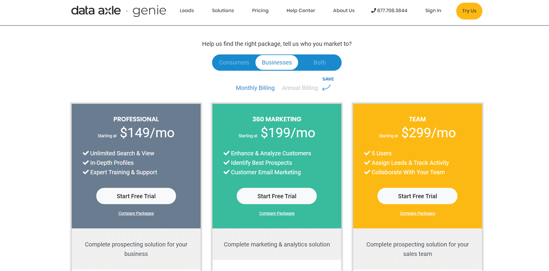 Data Axle Genie website pricing page