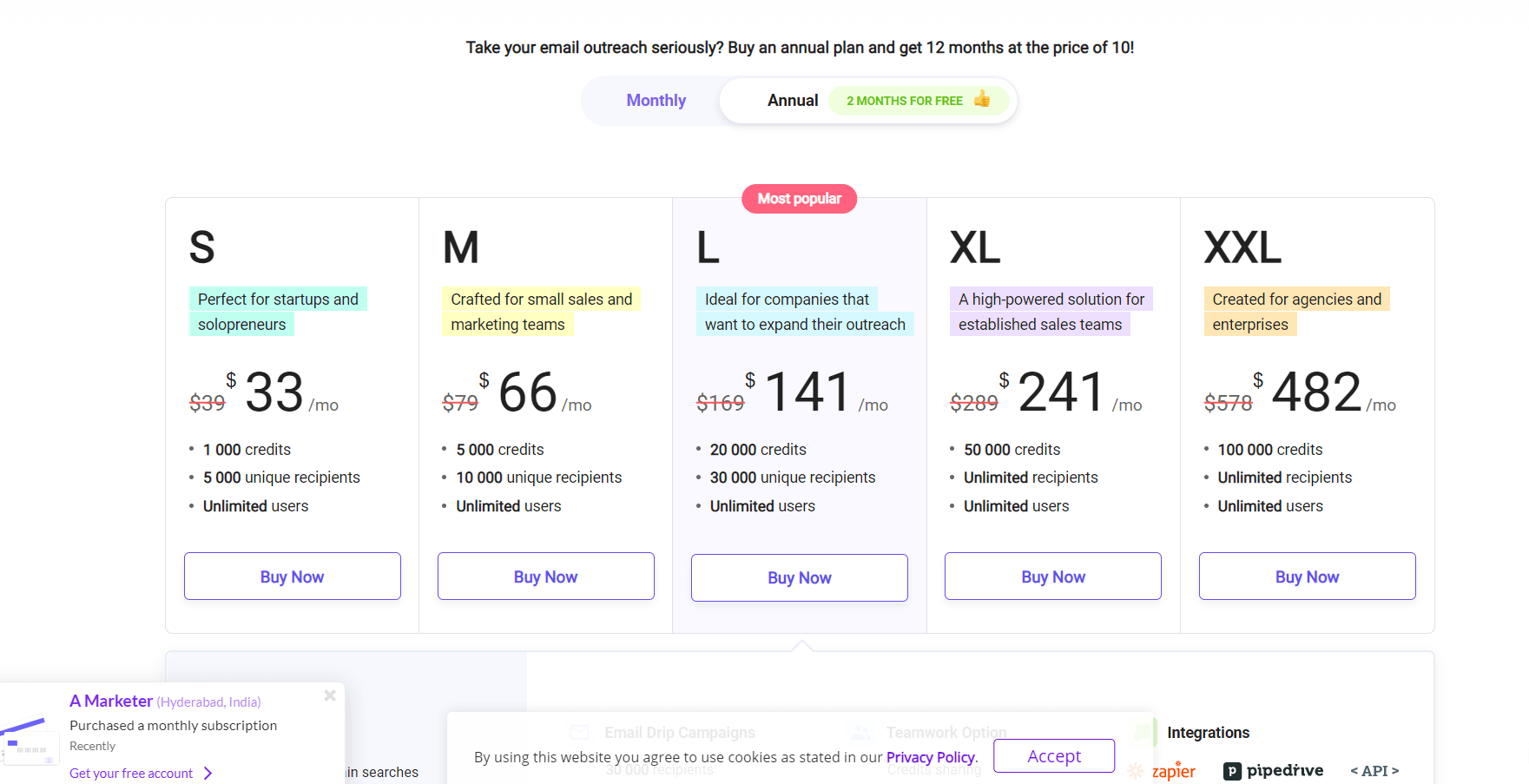 Snov.io website pricing page