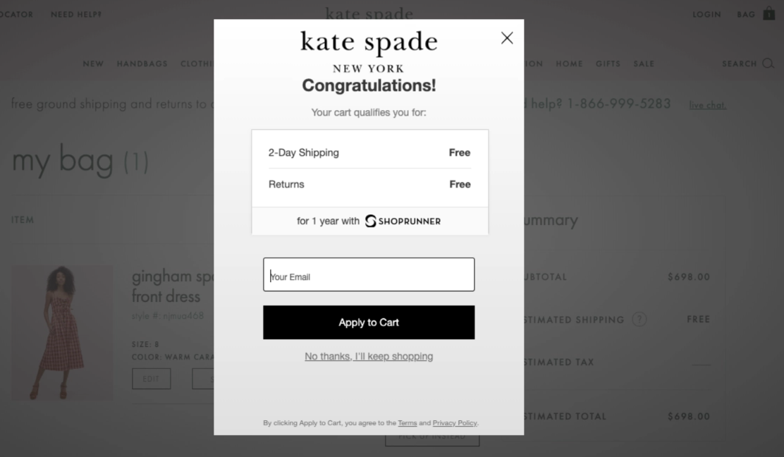 a screenshot of Kate Spade's free shipping popup example on checkout page