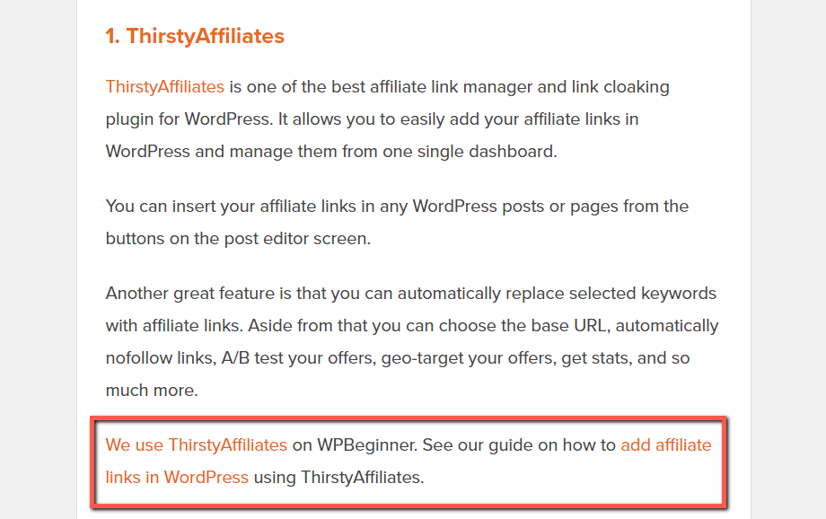 ThirstyAffiliates in WPBeginner blog post