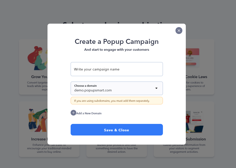 popup campaign name fields