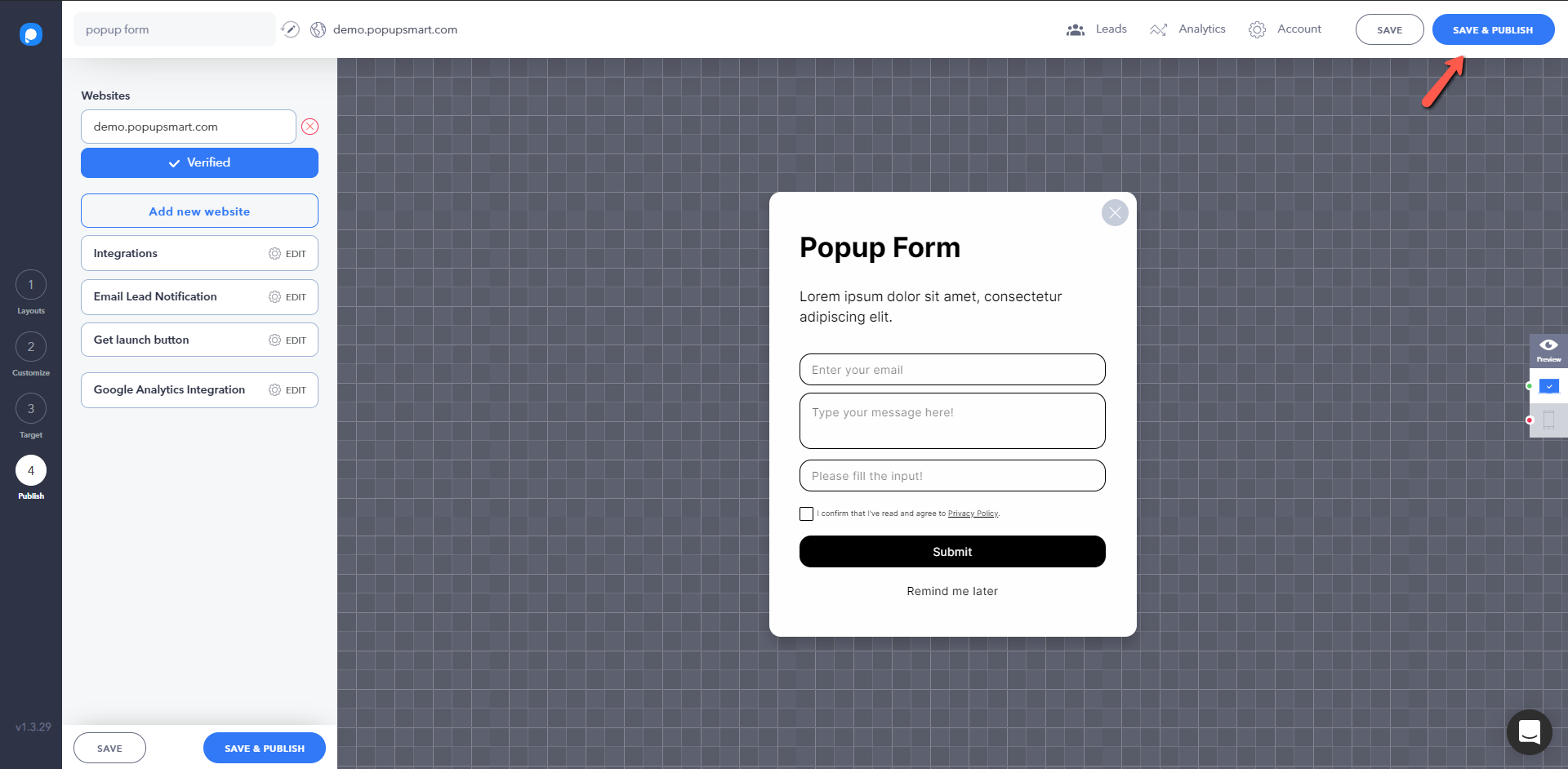 popup builder publish button