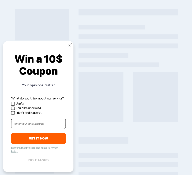 a special offer survey popup offering a $10 coupon to answer what do you think about our service? with an Orange CTA that says "Get It Now"