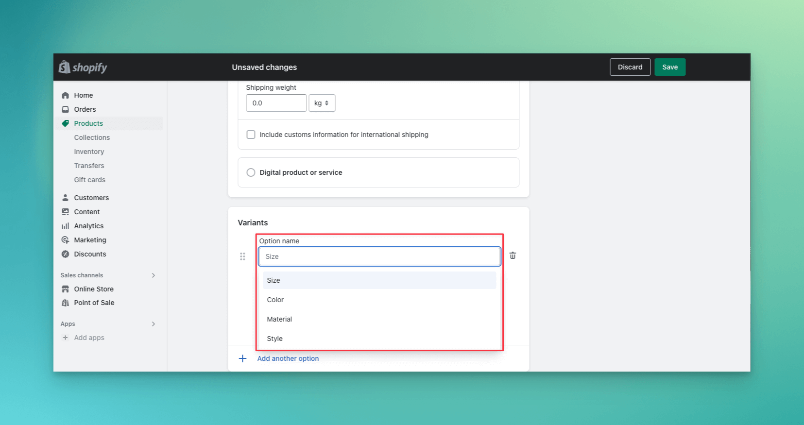 Step three in Shopify admin panel variants creation process choosing the size, color, material or style options