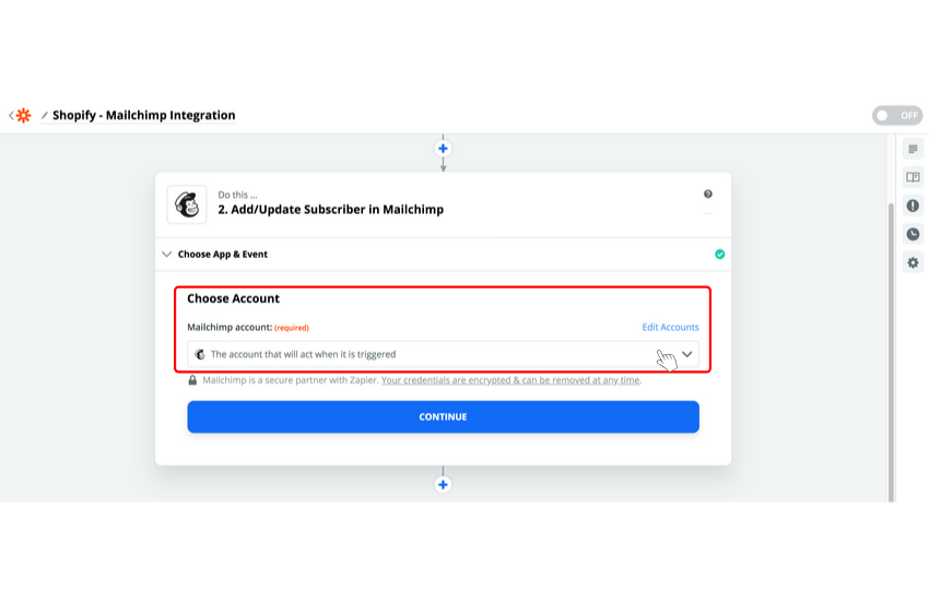 Choose an account for action app: Mailchimp