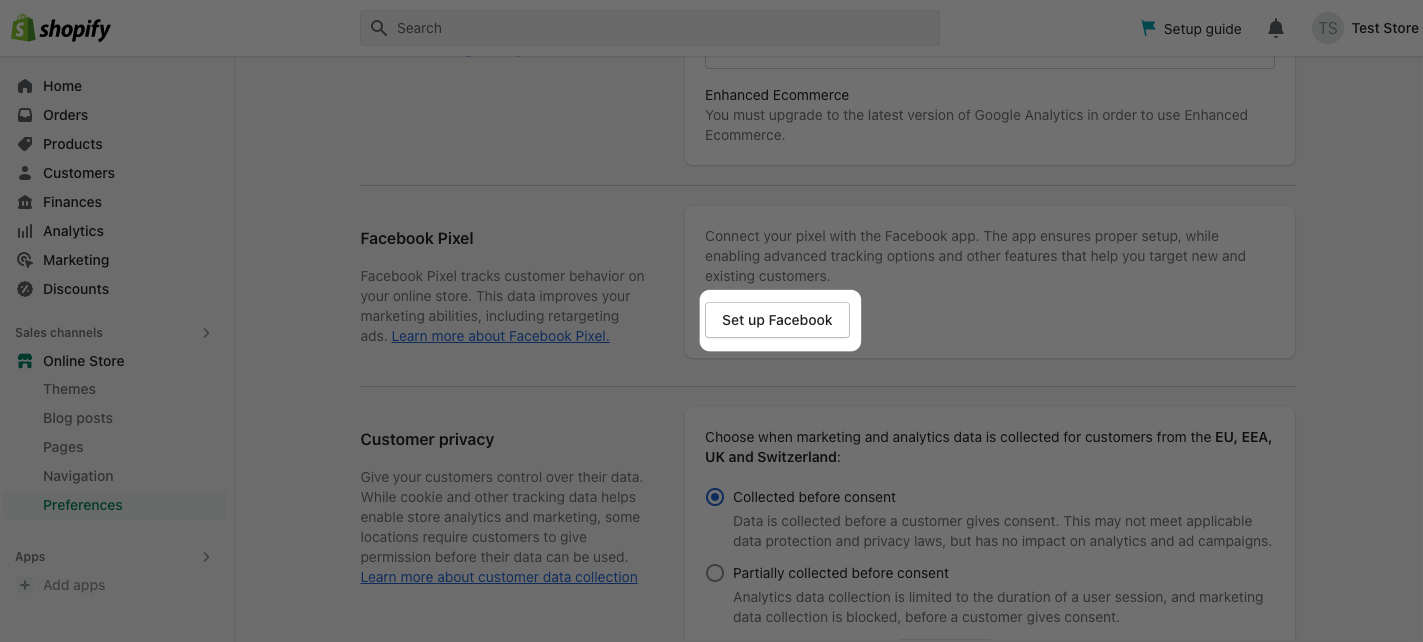 screenshot of setting up Facebook pixel integration on Shopify