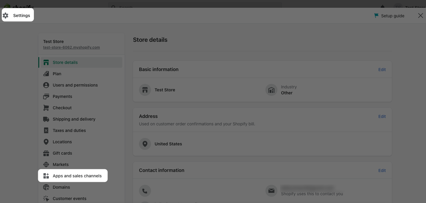 screenshot of settings and apps and sales channels parts on Shopify panel