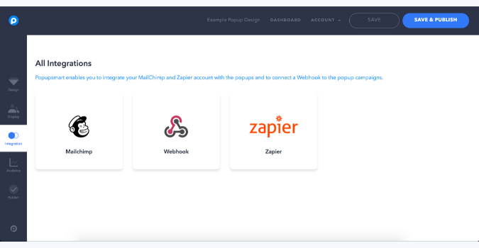 popupsmart integration options zapier Mailchimp and webhook connection