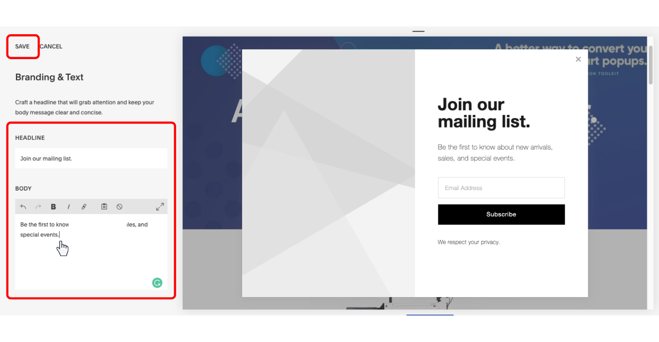 how to change text on your squarespace popup