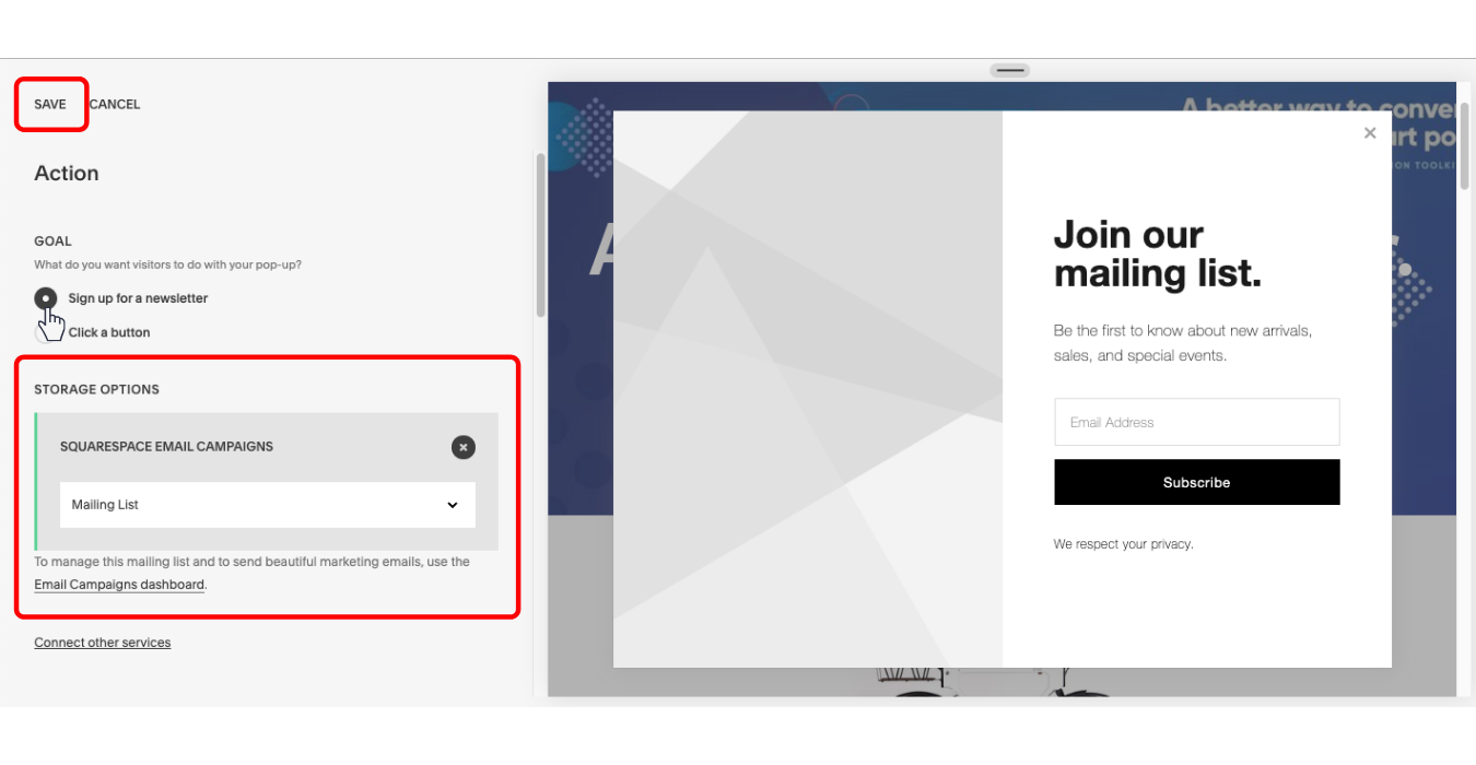 choose action goal for your squarespace popup