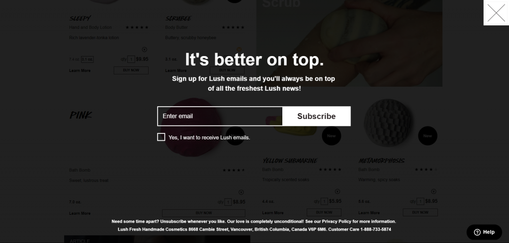 Lush.com exit intent email popup example full screen popup