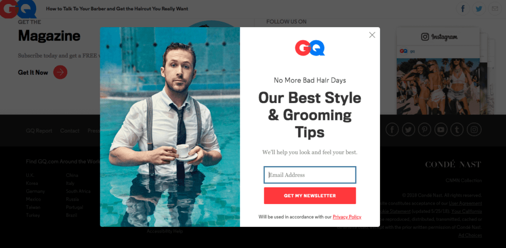 GQ Exit intent popup example subscribe to specific newsletter segmenting visitors