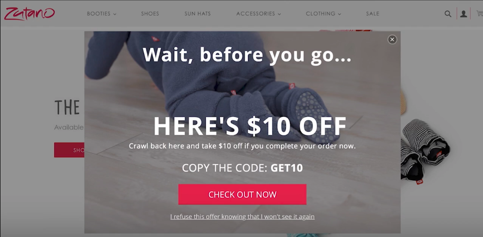 zutano exit intent popup example