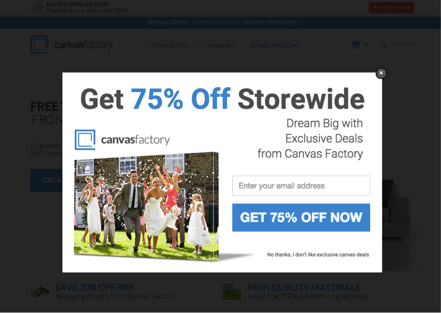 canvas factory exit intent popup example