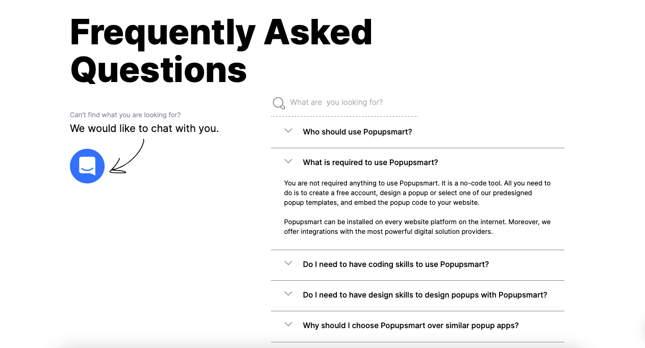 screenshot of Popupsmart's FAQ page