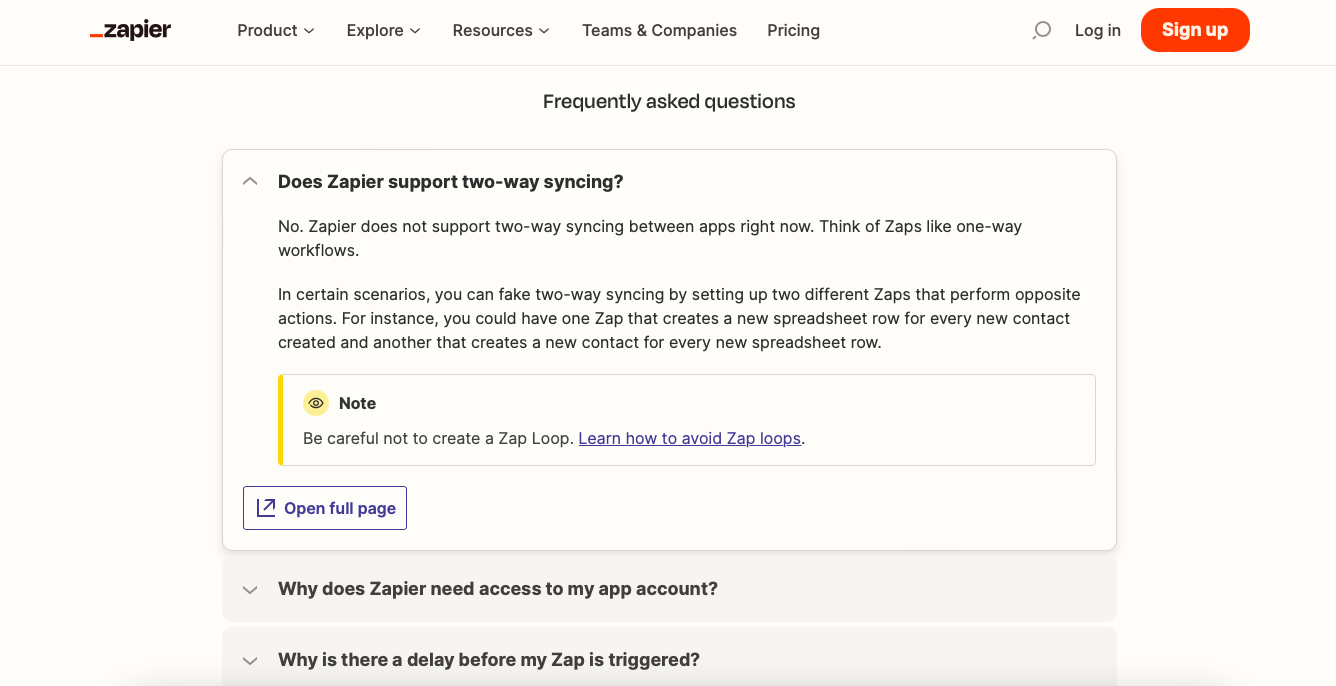 screenshot of Zapier's FAQ page