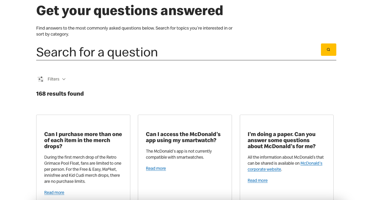 screenshot of McDonald's' FAQ page