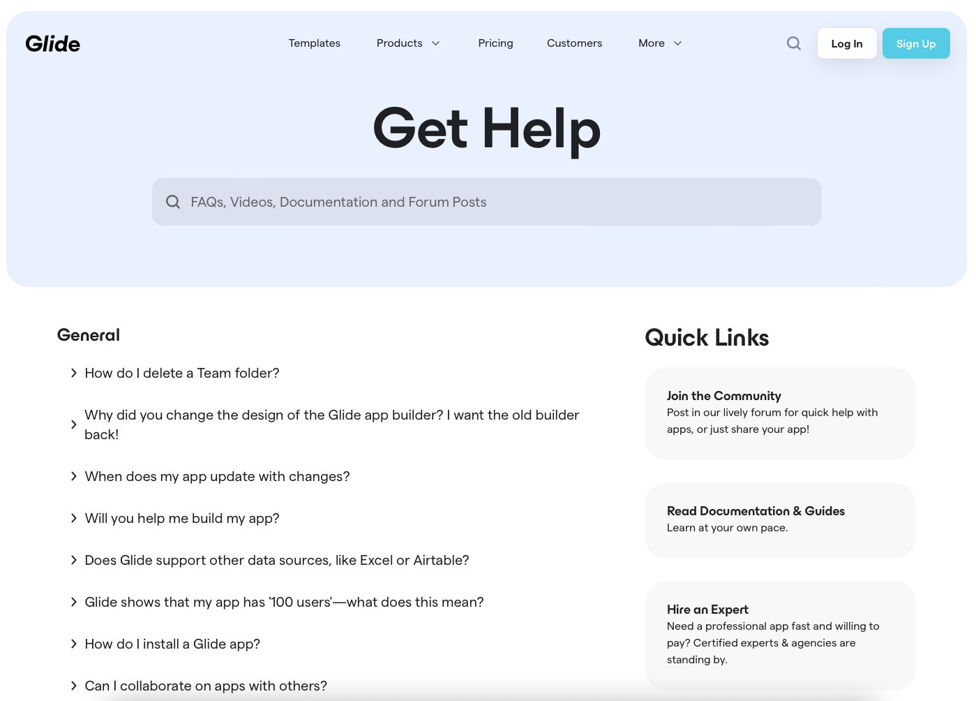 screenshot of Glide's FAQ page