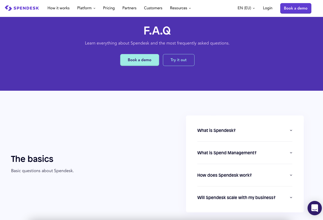 screenshot of Spendesk's FAQ page