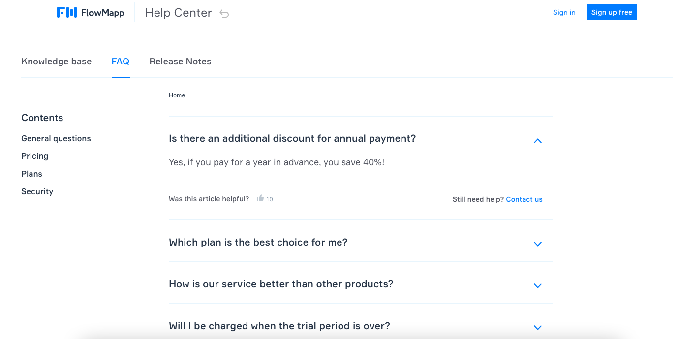 screenshot of FlowMapp's FAQ page