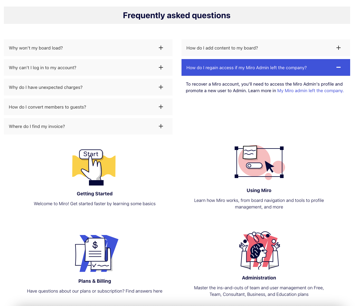 screenshot of Miro's FAQ page