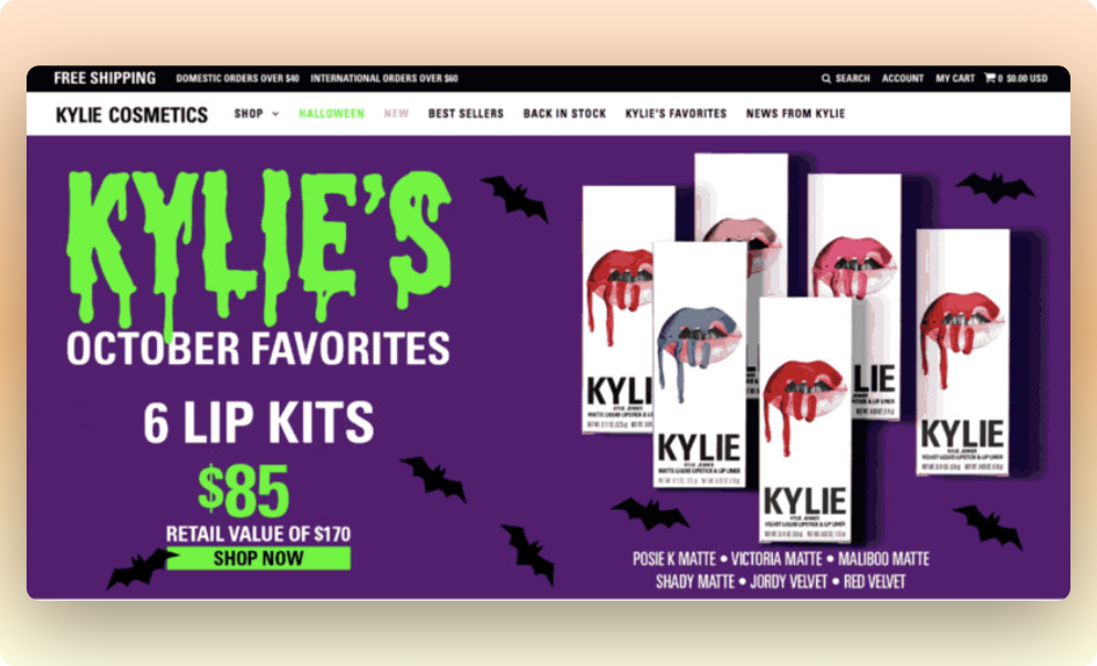 a screenshot of Kylie cosmetic Halloween homepage spooky design