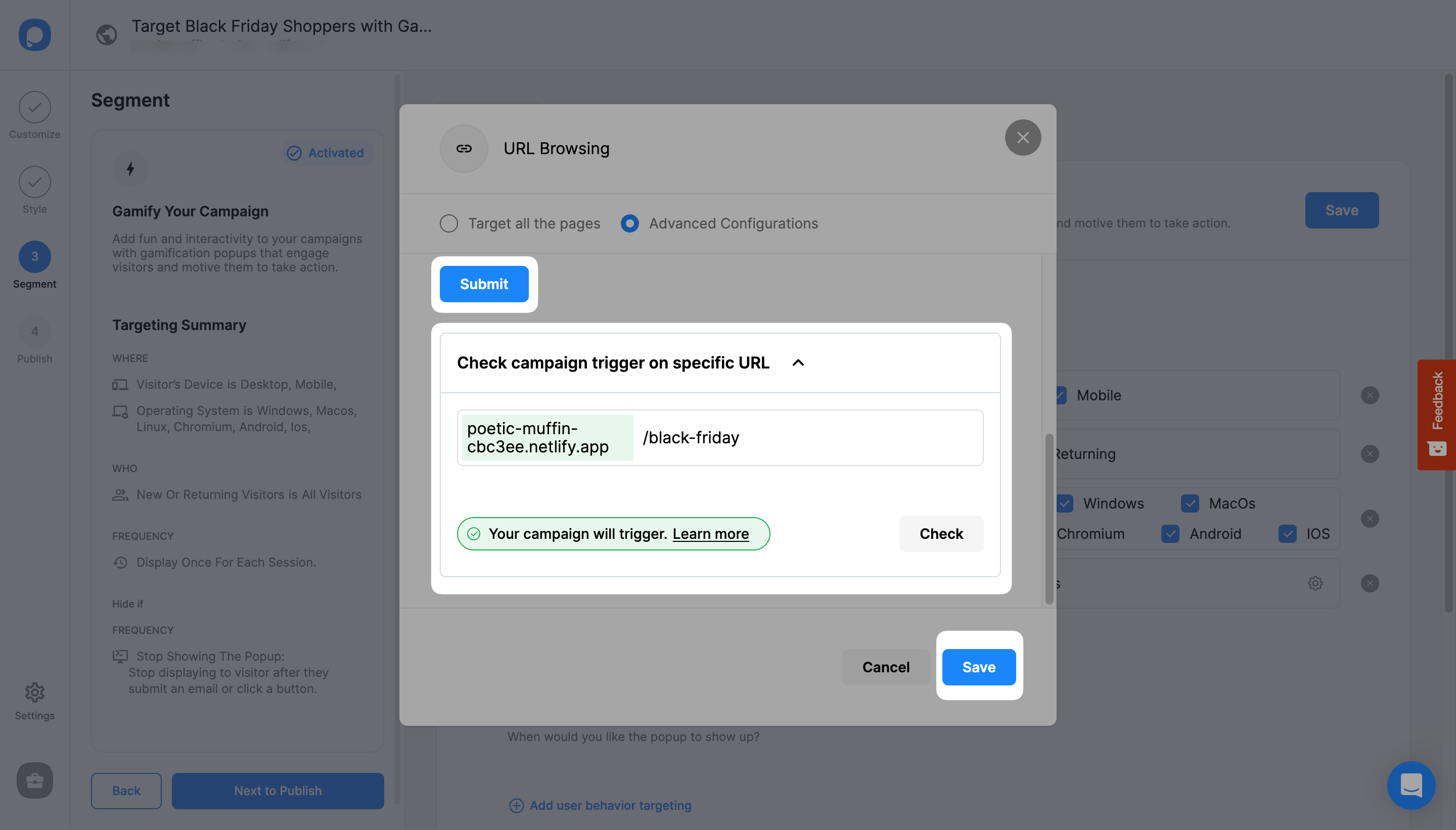 save and submit buttons on the modal