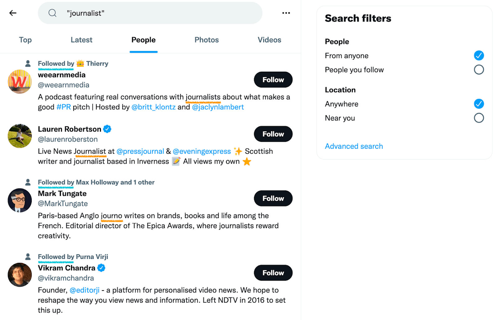 Searching for journalists on X or Twitter