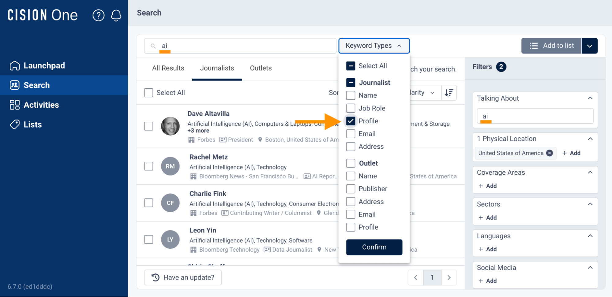 A screenshot of the outreach part of the CisionOne platform highlighting a search for AI journalists