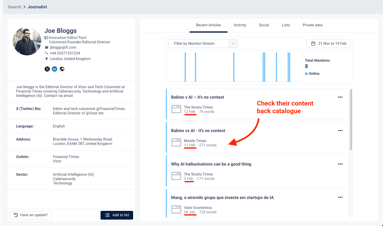 A screenshot of how to view journalist content in CisionOne